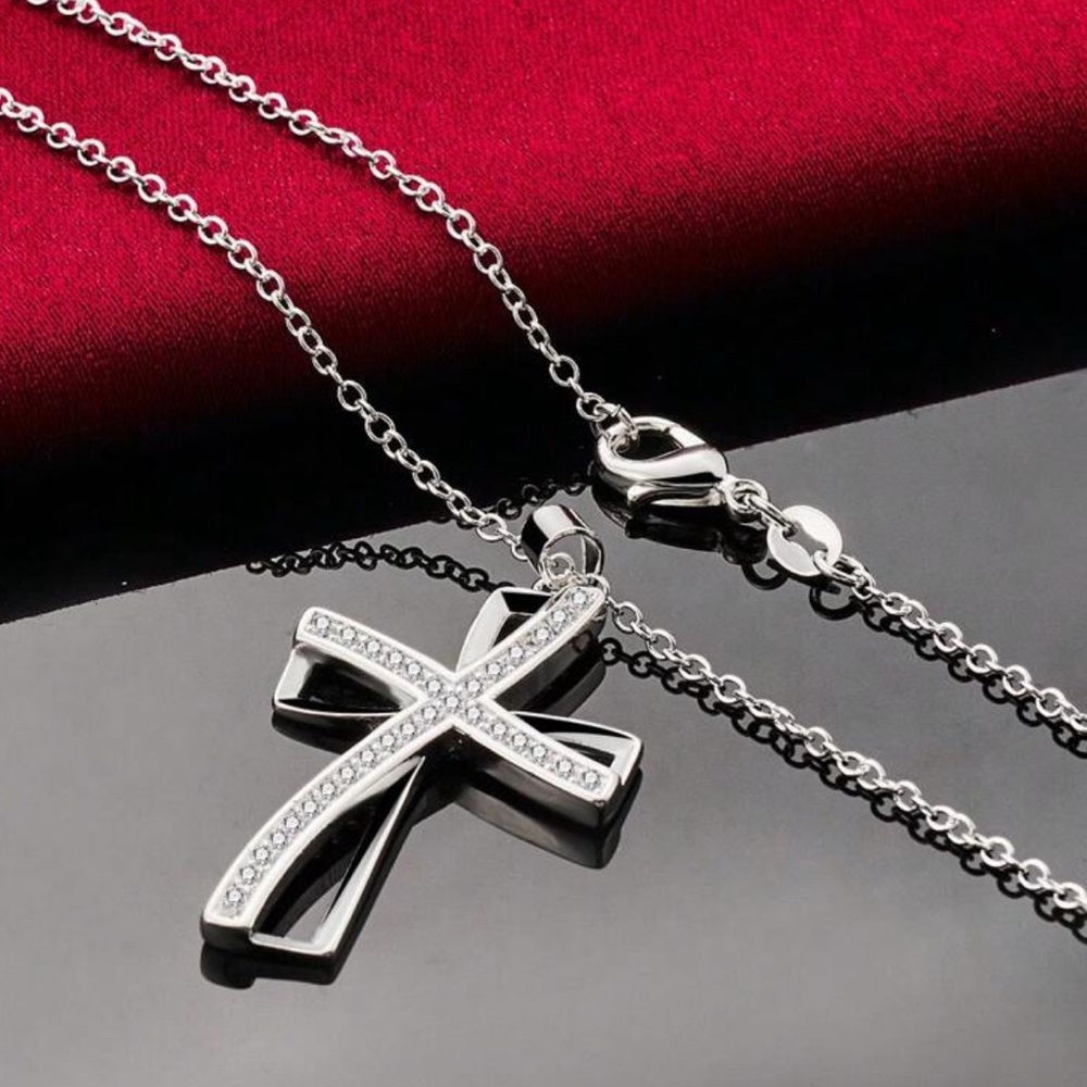 Silver Plated Cubic Zirconia Cross Pendant Necklace - Picture 4 of 4
